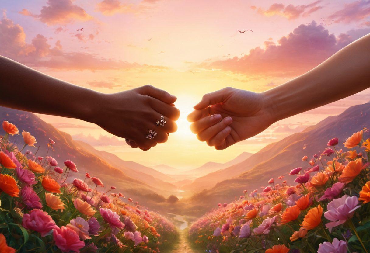 A serene landscape featuring a sunrise symbolizing hope, with silhouettes of diverse cancer survivors holding hands, surrounded by flowers representing resilience and healing. Incorporate elements of medical symbols subtly in the background to emphasize cancer care. Use warm, uplifting colors to evoke a sense of empowerment and optimism. super-realistic. vibrant colors.