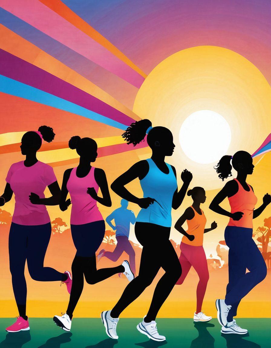 A vibrant illustration showcasing diverse individuals engaging in healthy activities like jogging, cooking nutritious meals, and participating in community support groups. Incorporate symbolic elements such as ribbons representing cancer awareness and tools suggesting prevention strategies, set against a bright sunrise symbolizing hope for the future. The overall composition should inspire optimism and community strength. vector art. vibrant colors.